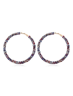 Glitter Rhinestone Statement Hoop Earrings - Sparkly Crystal Geometric Round Metal Hoops