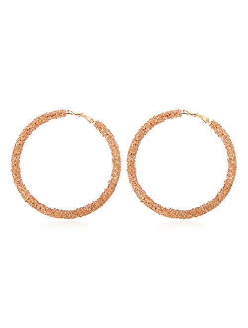 RIAH FASHION Glitter Rhinestone Statement Hoop Earrings - Sparkly Crystal Geometric Round Metal Hoops