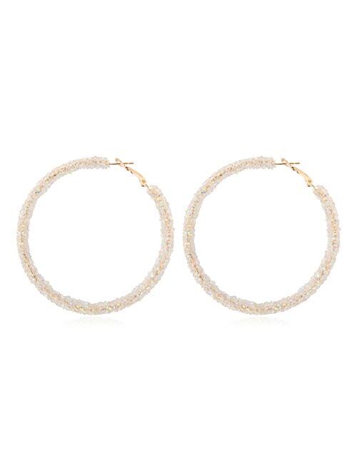 RIAH FASHION Glitter Rhinestone Statement Hoop Earrings - Sparkly Crystal Geometric Round Metal Hoops