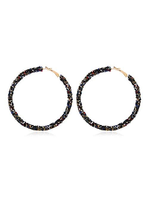 RIAH FASHION Glitter Rhinestone Statement Hoop Earrings - Sparkly Crystal Geometric Round Metal Hoops