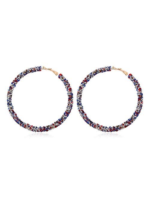 RIAH FASHION Glitter Rhinestone Statement Hoop Earrings - Sparkly Crystal Geometric Round Metal Hoops