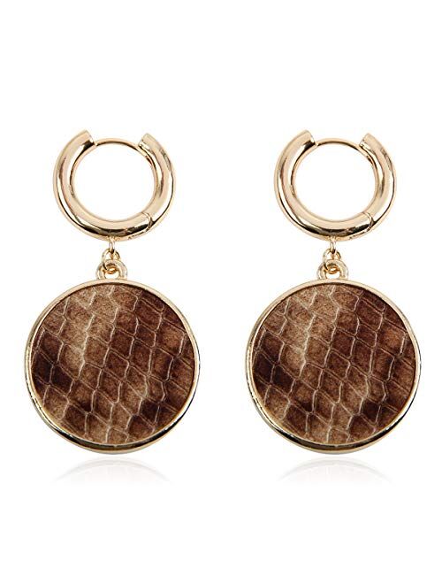 RIAH FASHION Bohemian Genuine Leather Geometric Earrings - Lightweight Animal Leopard, Camo Print Dangles Heart, Teardrop, Circle Disc Dangle