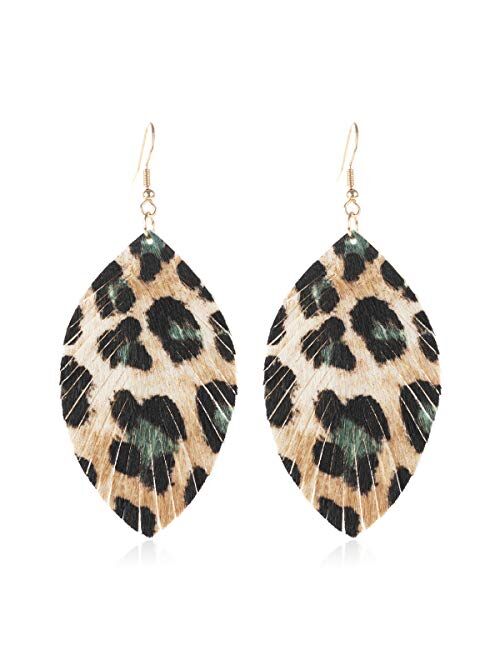 RIAH FASHION Bohemian Genuine Leather Geometric Earrings - Lightweight Animal Leopard, Camo Print Dangles Heart, Teardrop, Circle Disc Dangle