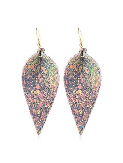 Sparkly Sequin Glitter Geometric Lightweight Simple Drop Statement Earrings - Bohemian Hook Dangles Faux Leather Marquise, Petal Leaf, Teardrop Druzy