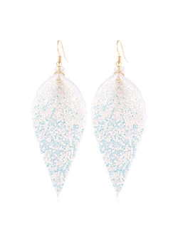 Sparkly Sequin Glitter Geometric Lightweight Simple Drop Statement Earrings - Bohemian Hook Dangles Faux Leather Marquise, Petal Leaf, Teardrop Druzy