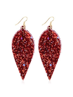 Sparkly Sequin Glitter Geometric Lightweight Simple Drop Statement Earrings - Bohemian Hook Dangles Faux Leather Marquise, Petal Leaf, Teardrop Druzy