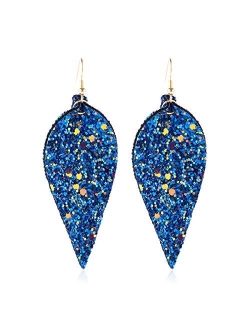 Sparkly Sequin Glitter Geometric Lightweight Simple Drop Statement Earrings - Bohemian Hook Dangles Faux Leather Marquise, Petal Leaf, Teardrop Druzy