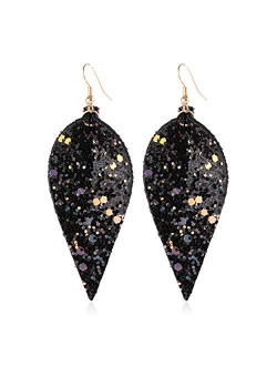 Sparkly Sequin Glitter Geometric Lightweight Simple Drop Statement Earrings - Bohemian Hook Dangles Faux Leather Marquise, Petal Leaf, Teardrop Druzy