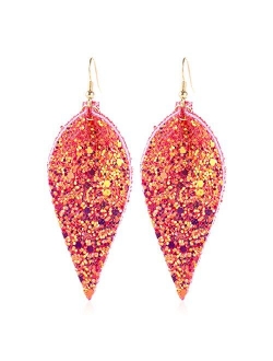 Sparkly Sequin Glitter Geometric Lightweight Simple Drop Statement Earrings - Bohemian Hook Dangles Faux Leather Marquise, Petal Leaf, Teardrop Druzy