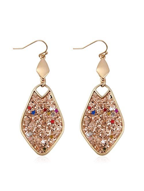 Riah Fashion Sparkly Sequin Glitter Geometric Lightweight Simple Drop Statement Earrings - Bohemian Hook Dangles Faux Leather Marquise, Petal Leaf, Teardrop Druzy