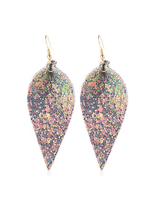 Riah Fashion Sparkly Sequin Glitter Geometric Lightweight Simple Drop Statement Earrings - Bohemian Hook Dangles Faux Leather Marquise, Petal Leaf, Teardrop Druzy