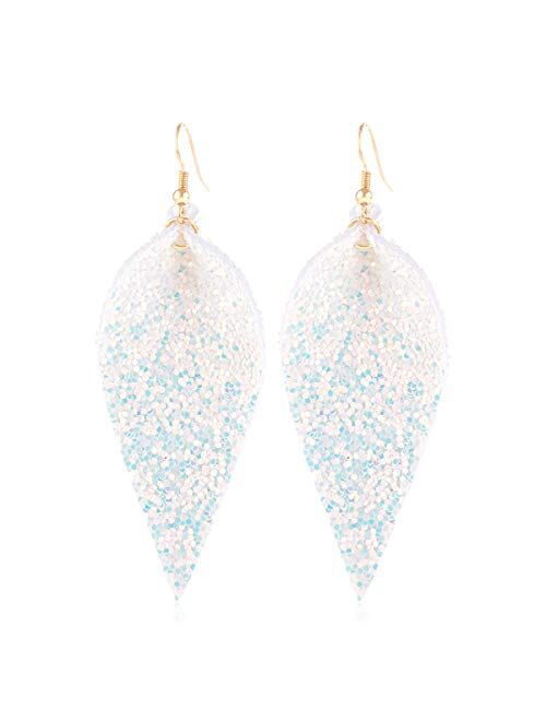 Riah Fashion Sparkly Sequin Glitter Geometric Lightweight Simple Drop Statement Earrings - Bohemian Hook Dangles Faux Leather Marquise, Petal Leaf, Teardrop Druzy