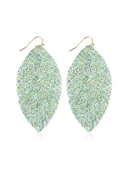 Riah Fashion Sparkly Sequin Glitter Geometric Lightweight Simple Drop Statement Earrings - Bohemian Hook Dangles Faux Leather Marquise, Petal Leaf, Teardrop Druzy