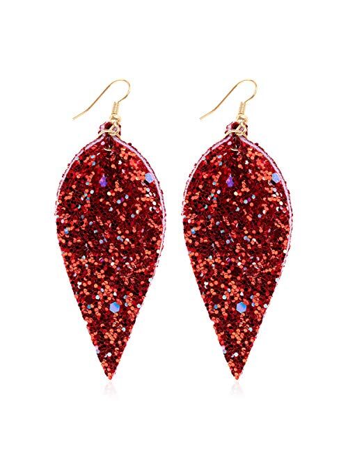 Riah Fashion Sparkly Sequin Glitter Geometric Lightweight Simple Drop Statement Earrings - Bohemian Hook Dangles Faux Leather Marquise, Petal Leaf, Teardrop Druzy