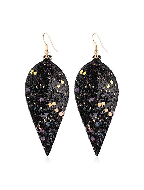 Riah Fashion Sparkly Sequin Glitter Geometric Lightweight Simple Drop Statement Earrings - Bohemian Hook Dangles Faux Leather Marquise, Petal Leaf, Teardrop Druzy