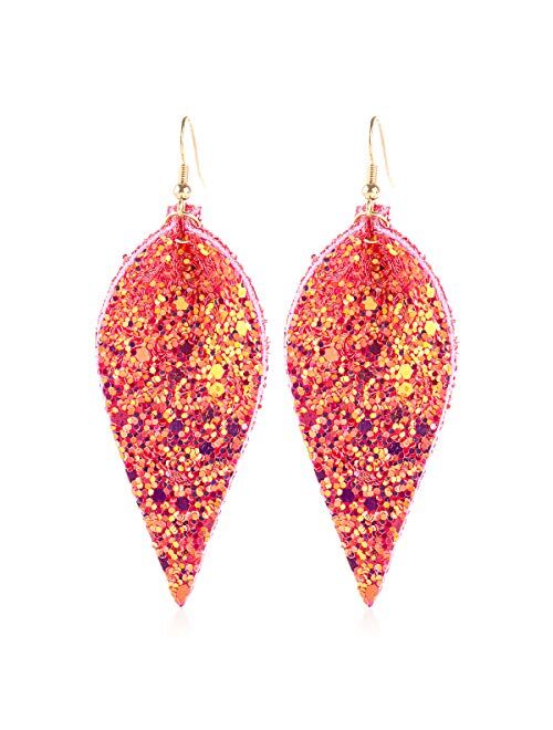 Riah Fashion Sparkly Sequin Glitter Geometric Lightweight Simple Drop Statement Earrings - Bohemian Hook Dangles Faux Leather Marquise, Petal Leaf, Teardrop Druzy