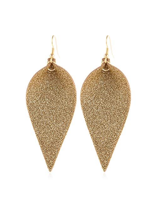 Riah Fashion Sparkly Sequin Glitter Geometric Lightweight Simple Drop Statement Earrings - Bohemian Hook Dangles Faux Leather Marquise, Petal Leaf, Teardrop Druzy