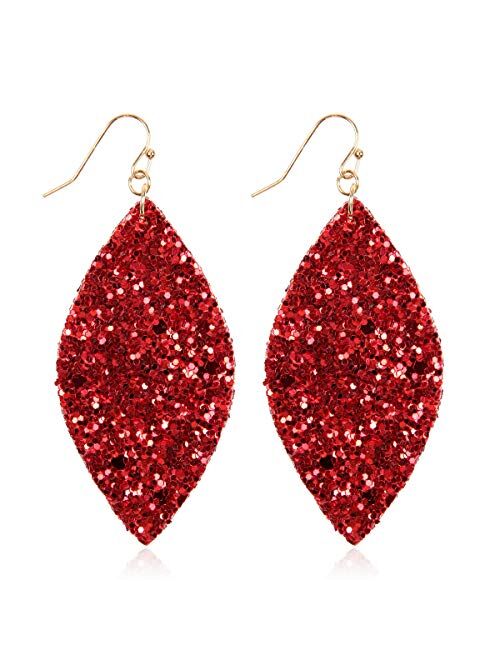 Riah Fashion Sparkly Sequin Glitter Geometric Lightweight Simple Drop Statement Earrings - Bohemian Hook Dangles Faux Leather Marquise, Petal Leaf, Teardrop Druzy