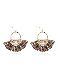 Bohemian Faux Leather Drop Statement Earrings - Boho Statement Dangles Fan Fringe Tassel, Filigree Feather, Half Moon Hoop