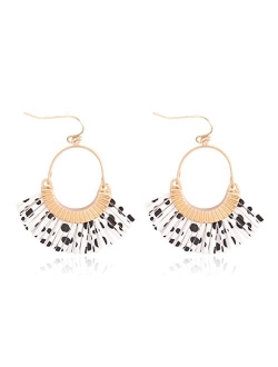 Bohemian Faux Leather Drop Statement Earrings - Boho Statement Dangles Fan Fringe Tassel, Filigree Feather, Half Moon Hoop