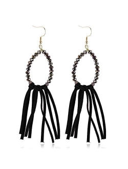 Bohemian Faux Leather Drop Statement Earrings - Boho Statement Dangles Fan Fringe Tassel, Filigree Feather, Half Moon Hoop