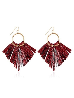 Bohemian Faux Leather Drop Statement Earrings - Boho Statement Dangles Fan Fringe Tassel, Filigree Feather, Half Moon Hoop