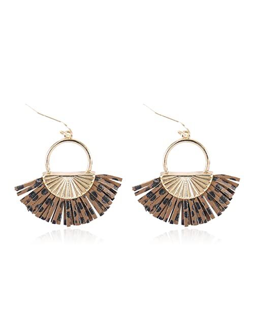 RIAH FASHION Bohemian Faux Leather Drop Statement Earrings - Boho Statement Dangles Fan Fringe Tassel, Filigree Feather, Half Moon Hoop