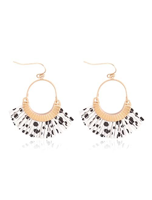 RIAH FASHION Bohemian Faux Leather Drop Statement Earrings - Boho Statement Dangles Fan Fringe Tassel, Filigree Feather, Half Moon Hoop