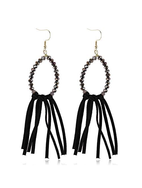 RIAH FASHION Bohemian Faux Leather Drop Statement Earrings - Boho Statement Dangles Fan Fringe Tassel, Filigree Feather, Half Moon Hoop