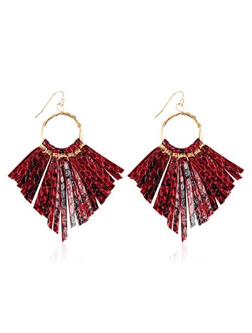 RIAH FASHION Bohemian Faux Leather Drop Statement Earrings - Boho Statement Dangles Fan Fringe Tassel, Filigree Feather, Half Moon Hoop