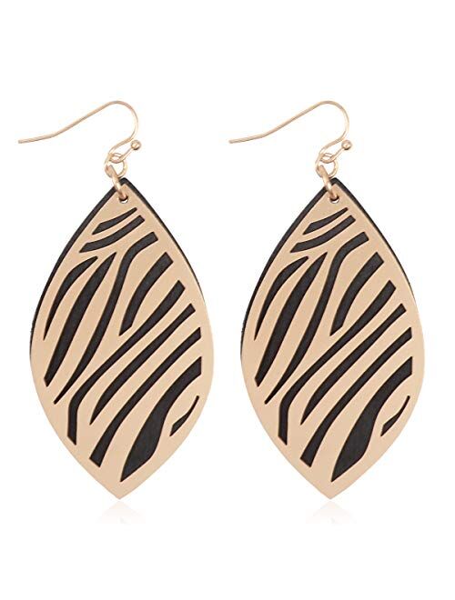 Riah Fashion Bohemian Geometric Natural Wood Statement Earrings - Ethnic Wooden Leaf, Teardrop, Moroccan, Triangle Dangles