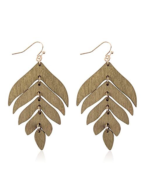 Riah Fashion Bohemian Geometric Natural Wood Statement Earrings - Ethnic Wooden Leaf, Teardrop, Moroccan, Triangle Dangles