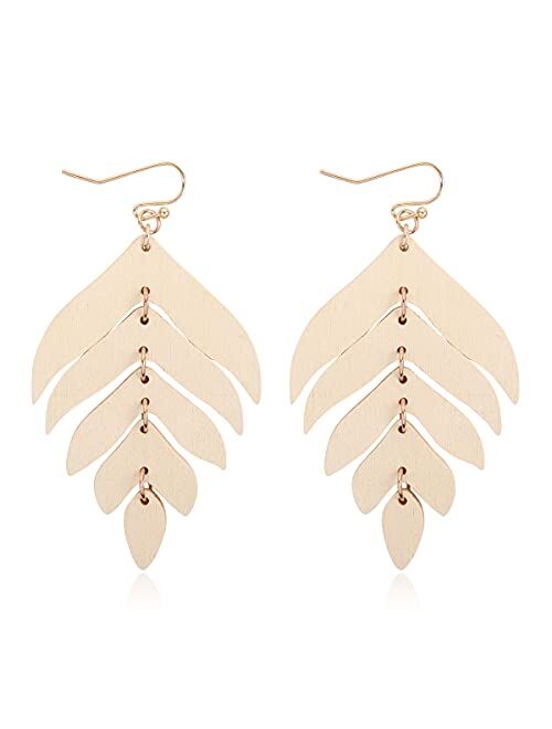 Riah Fashion Bohemian Geometric Natural Wood Statement Earrings - Ethnic Wooden Leaf, Teardrop, Moroccan, Triangle Dangles