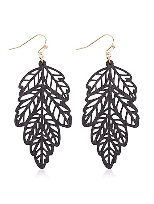 Riah Fashion Bohemian Geometric Natural Wood Statement Earrings - Ethnic Wooden Leaf, Teardrop, Moroccan, Triangle Dangles