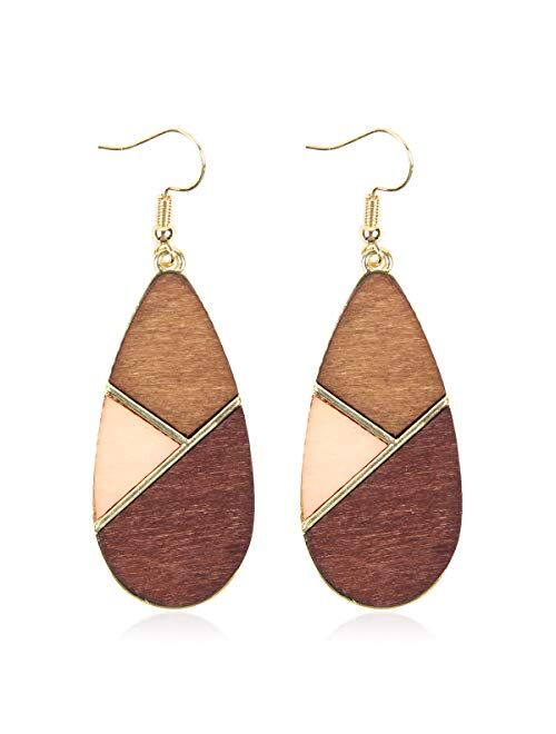 Riah Fashion Bohemian Geometric Natural Wood Statement Earrings - Ethnic Wooden Leaf, Teardrop, Moroccan, Triangle Dangles