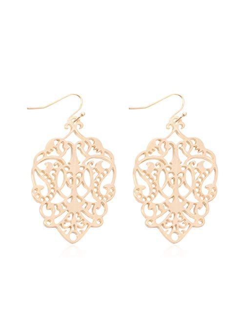 Riah Fashion Filigree Metallic Geometric Embellished Cut-Out Drop Earrings - Moroccan Floral, Petal Lace, Lattice Polygon Oval Dangles