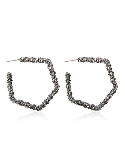 Riah Fashion Bohemian Bead Embellished Delicate Geometric Statement Earrings - Metallic Sparkly Round, Heart, Star, Octagon, Teardrop Hoops