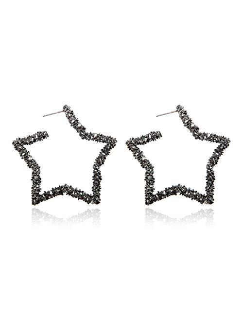 Riah Fashion Bohemian Bead Embellished Delicate Geometric Statement Earrings - Metallic Sparkly Round, Heart, Star, Octagon, Teardrop Hoops