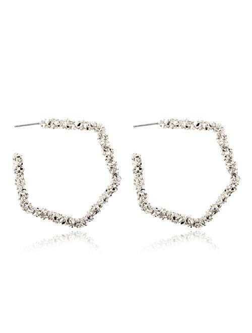 Riah Fashion Bohemian Bead Embellished Delicate Geometric Statement Earrings - Metallic Sparkly Round, Heart, Star, Octagon, Teardrop Hoops