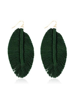 Bohemian Fringe Tassel Statement Earrings - Lightweight Strand Silky Thread Feather Leaf, Floral Fan Dangles