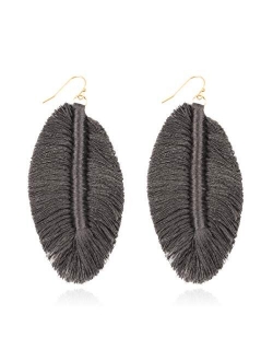 Bohemian Fringe Tassel Statement Earrings - Lightweight Strand Silky Thread Feather Leaf, Floral Fan Dangles