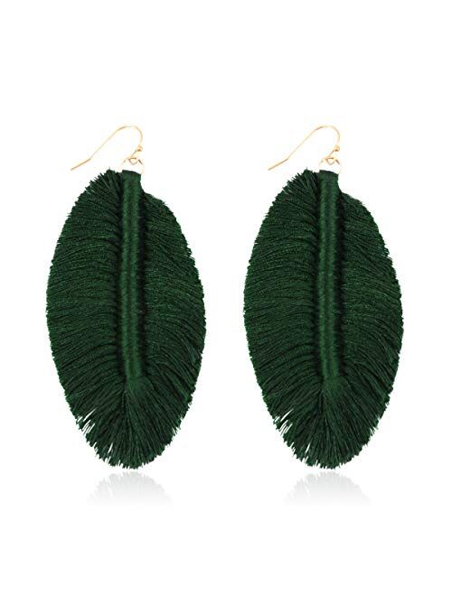 Riah Fashion Bohemian Fringe Tassel Statement Earrings - Lightweight Strand Silky Thread Feather Leaf, Floral Fan Dangles