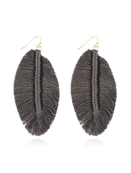 Riah Fashion Bohemian Fringe Tassel Statement Earrings - Lightweight Strand Silky Thread Feather Leaf, Floral Fan Dangles