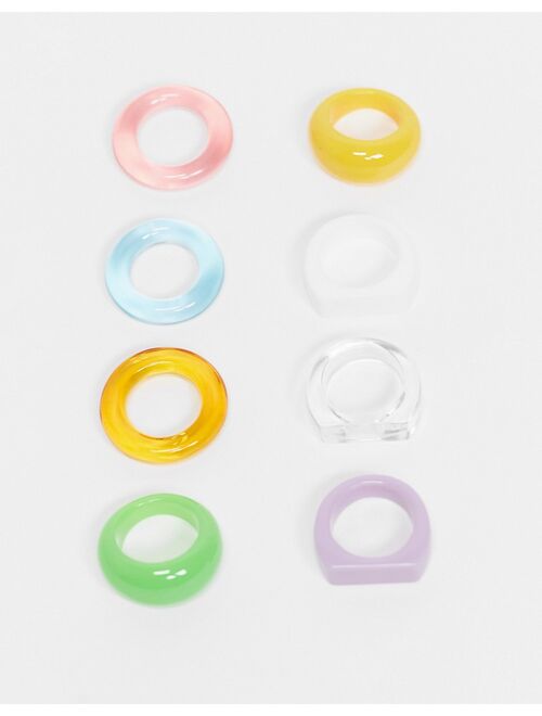 Asos Design pack of 8 mixed colorful rings in plastic