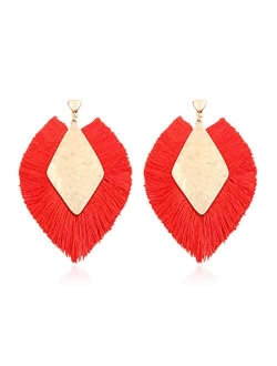 Bohemian Silky Thread Tassel Statement Drop Earrings - Geometric Strand Fringe Diamond Fan, Triangle Duster Dangles