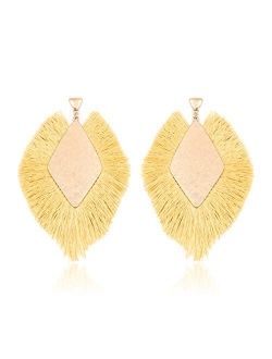 Bohemian Silky Thread Tassel Statement Drop Earrings - Geometric Strand Fringe Diamond Fan, Triangle Duster Dangles