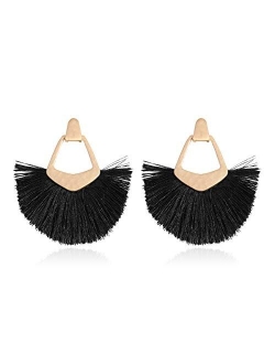 Bohemian Silky Thread Tassel Statement Drop Earrings - Geometric Strand Fringe Diamond Fan, Triangle Duster Dangles