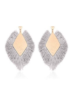 Bohemian Silky Thread Tassel Statement Drop Earrings - Geometric Strand Fringe Diamond Fan, Triangle Duster Dangles