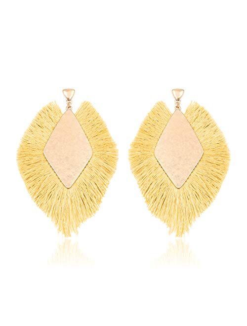 RIAH FASHION Bohemian Silky Thread Tassel Statement Drop Earrings - Geometric Strand Fringe Diamond Fan, Triangle Duster Dangles