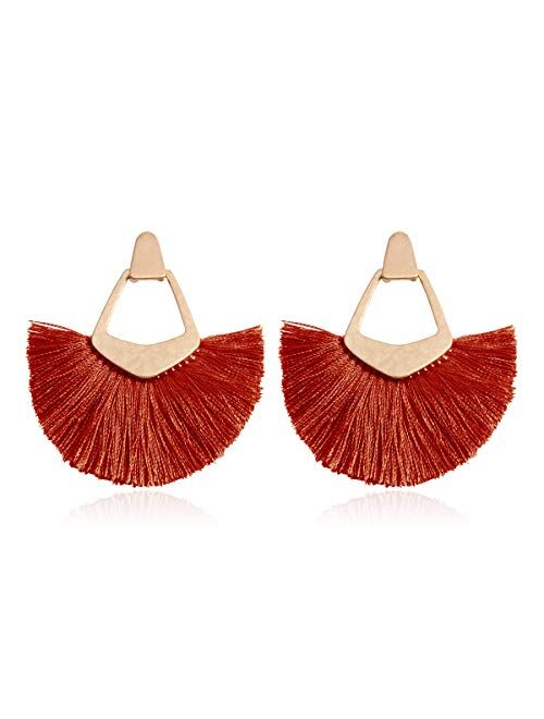 RIAH FASHION Bohemian Silky Thread Tassel Statement Drop Earrings - Geometric Strand Fringe Diamond Fan, Triangle Duster Dangles